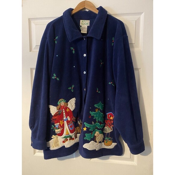 Quacker factory Blue Fleece Christmas Button up Jacket size 3X embroidered,beads - Picture 1 of 13
